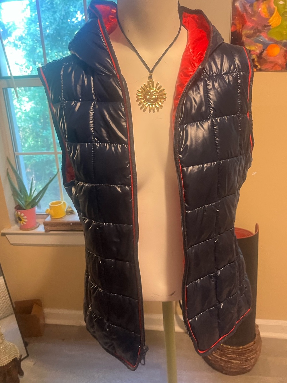 Navy Blue Quilted Puffer Vest with Red Trim - Women Sperry